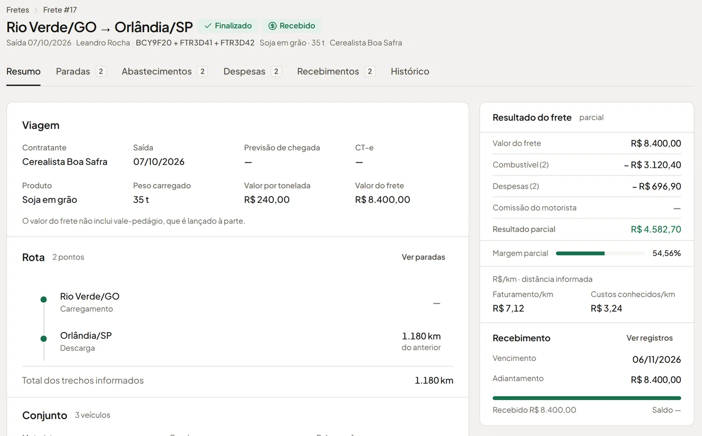 Tela do frete #17 no Trecho: rota Rio Verde/GO → Orlândia/SP, viagem e resultado do frete com R$ 4.582,70